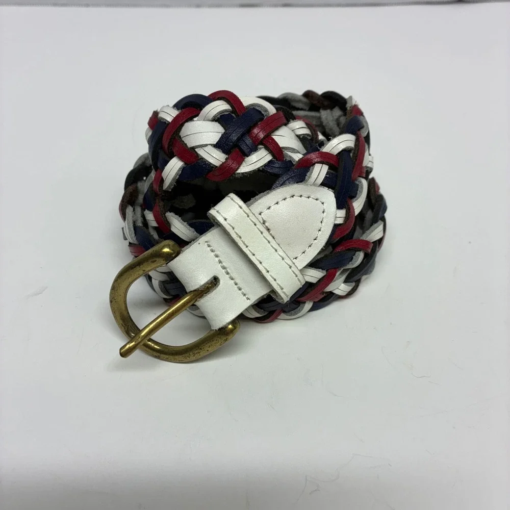 Vtg Capezio Braided Woven Leather Belt Multicolor Red White Blue Small Argentina